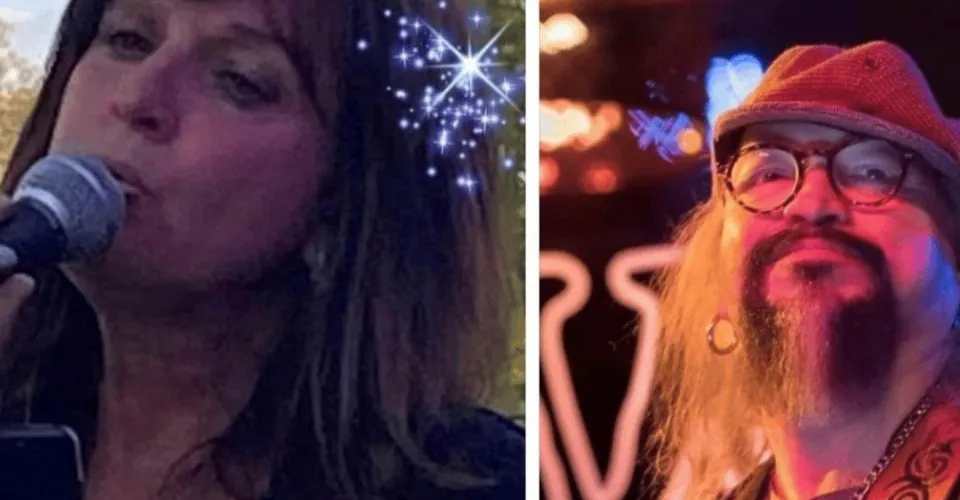 Two people in split screen singing into microphone with lights behind them at SKYBOKX 109 Sports Bar & Grill in Natick, MA